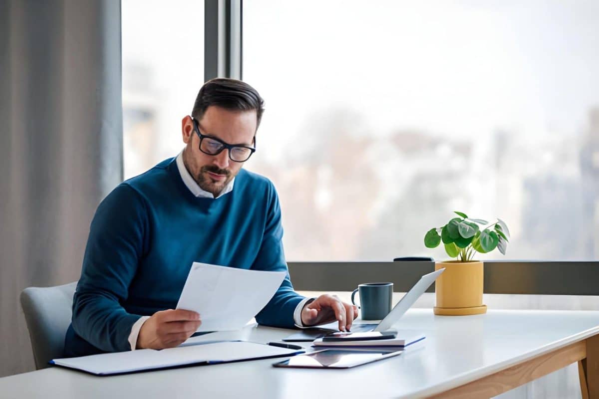 Hardworking young adult businessman, checking the company budget