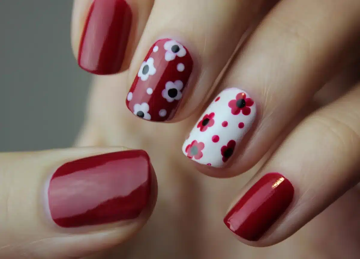 Short almond-shaped nails with chocolate-brown polish