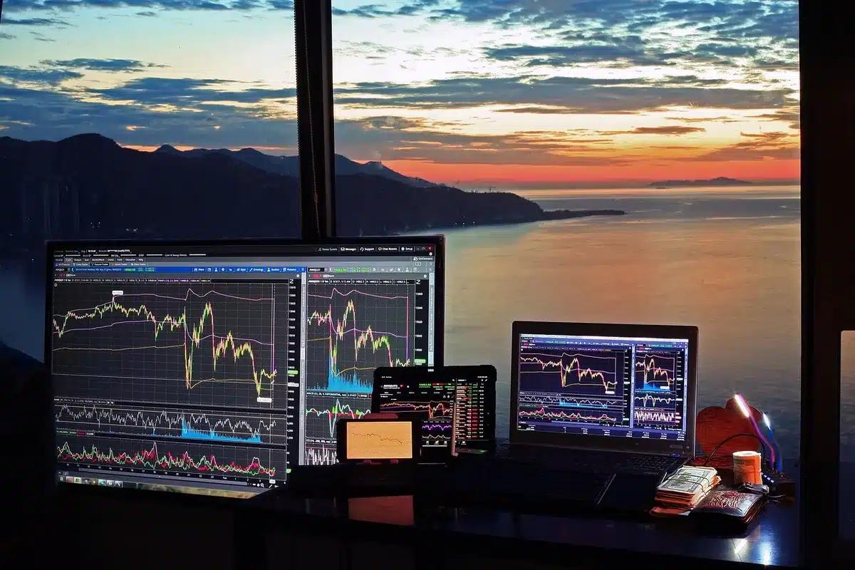 Computer screen showing portfolio allocation pie chart highlighting equities