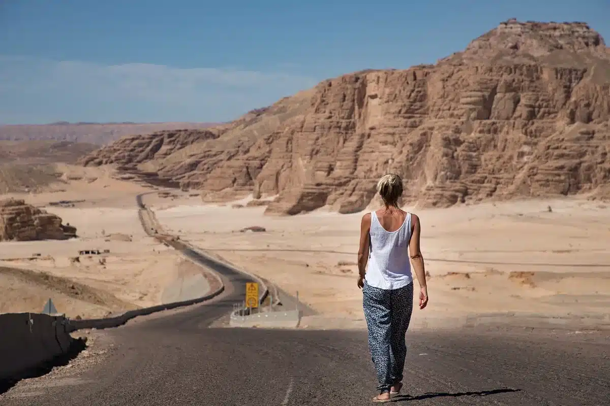 Arid landscape with ancient road traces and distant fort ruins in Sinai