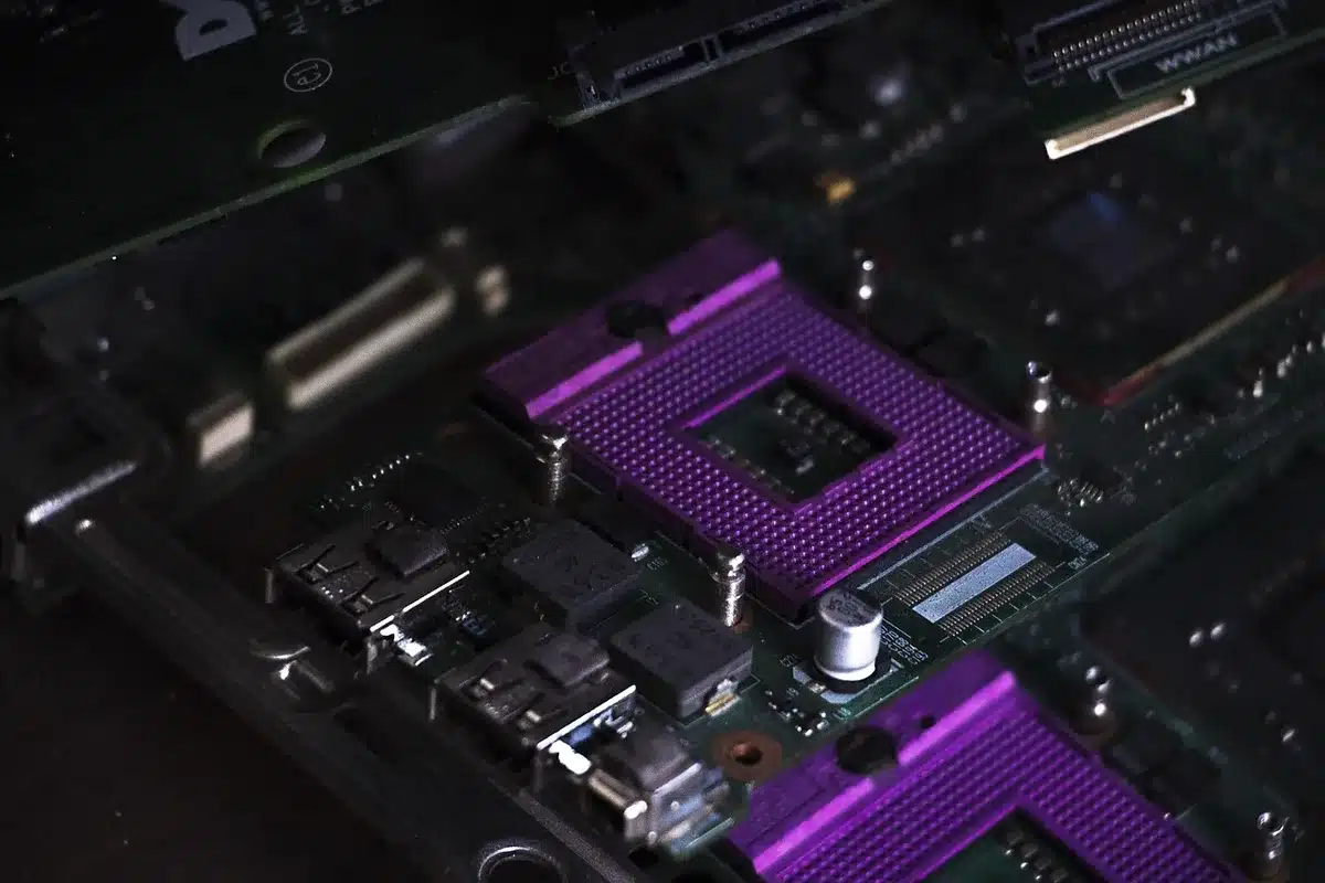 Close-up of a small chip or circuit board inside a wearable device