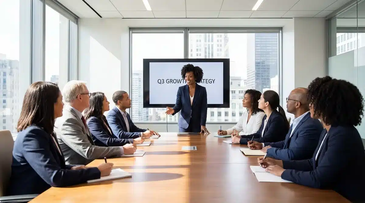 Bankers in discussion around a table making high-stakes decisions